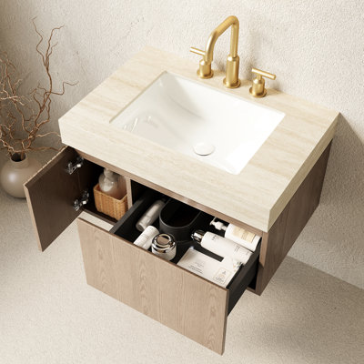 30" Bathroom Vanity With Sintered Stone Countertop, Ceramic Basin, 3 Pre - Drilled Faucet Holes, Plywood Storage Cabinet Drawer And Door, Sink, Top, Basin Assembled