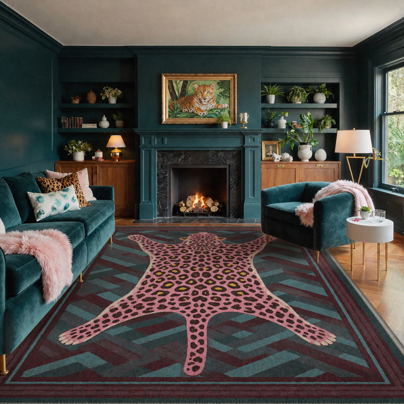 Tapis bleu sarcelle / rose à motif animal lavable à la machine avec envers antidérapant, Rectangle 8' x 10'