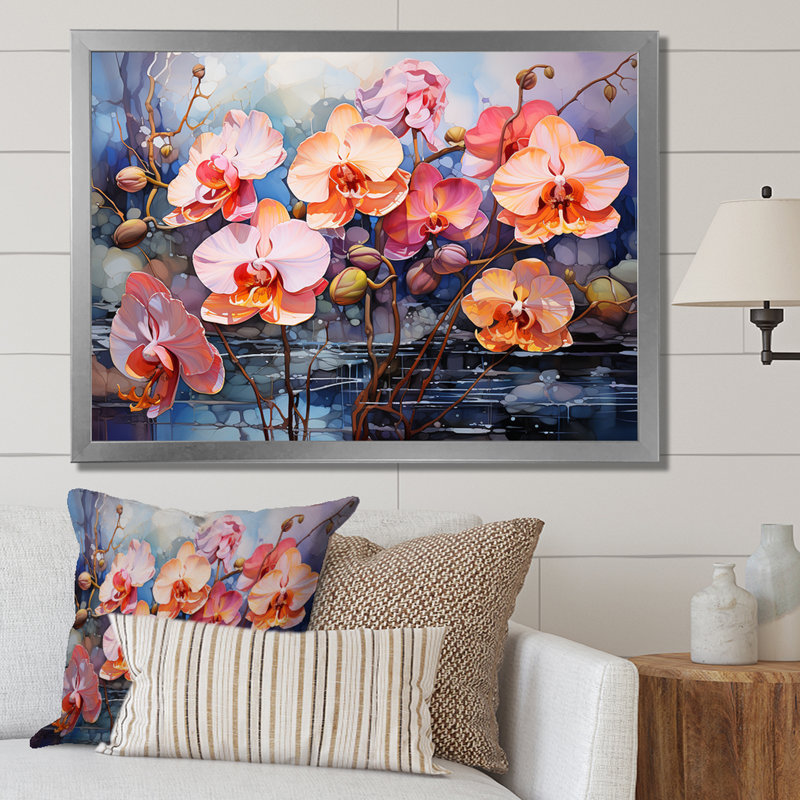 «Pink and Orange Wild Expression Orchids I», reproduction sur toile, Cadre simple argenté, H 30 po x l 40 po x P 1,5 po