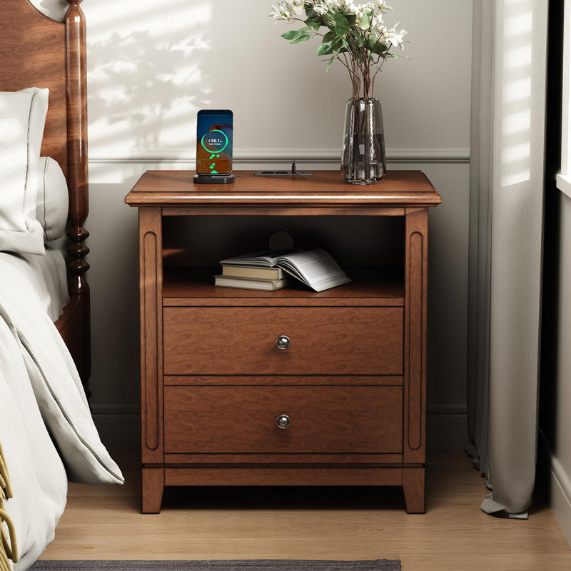 2 Drawers Solid Wood Construction Nightstand With Storage and Open Shelf, Built-In 2 Power Outlets, 1 USB Port, And 1 Type C Port