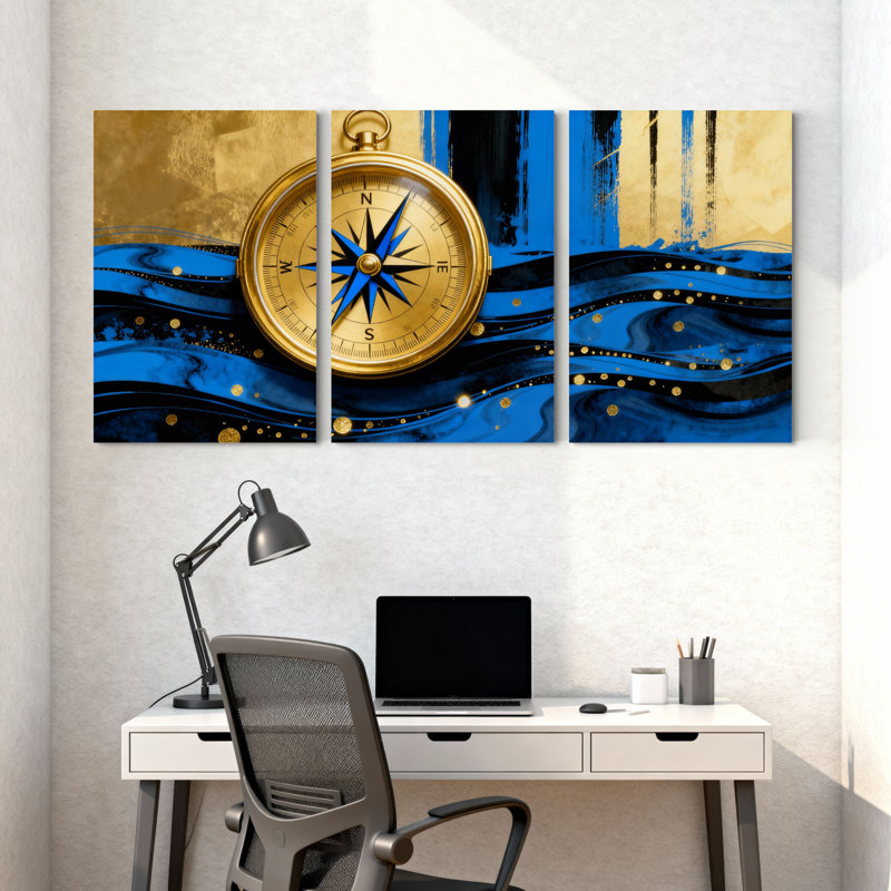 Golden Compass Blue Waves Abstract Art Set of 3 Canvas Wall Art Prints, 24" H x 48" W