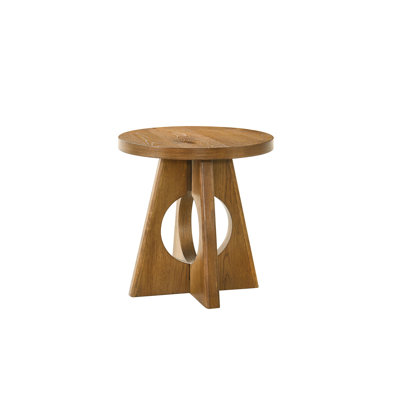 Modern Walnut Round End Table with Geometric Cutout Pedestal Base - 23-Inch Contemporary Living Room Side Table