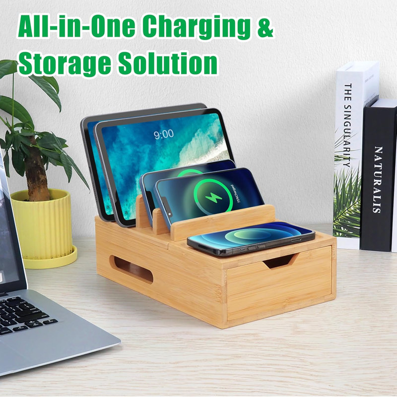 Organisateur de station de charge en bambou multi-appareils avec tiroir et plateau, station d'accueil de bureau comprenant 6 câbles pour l'iPhone, les téléphones cellulaires, les tablettes, les blocs d'alimentation (sans chargeur USB)