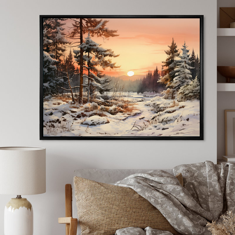 Winter Winter Tree Horizon sur toile, Cadre flottant noir, H 34 po x l 44 po x P 1,5 po