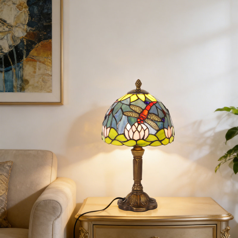 14.2"H Dragonfly Lotus Stained Glass Table Lamp, Bronze Resin Base, Bulb Included
