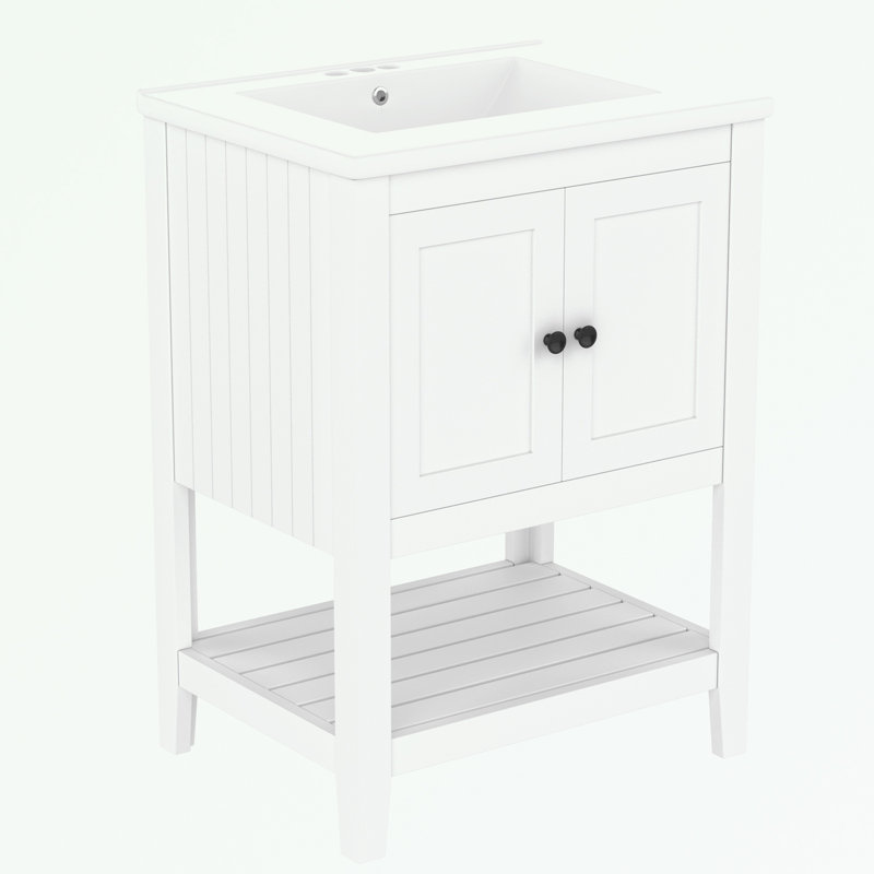 Meuble-lavabo de salle de bain avec lavabo en céramique et tablette ouverte, Blanc