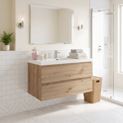Meuble-lavabo mural en mélamine de bois de 76 cm (30 po), aspect bois naturel, résistant à l'usure, aux égratignures et non poreux, surface facile à nettoyer, préassemblé