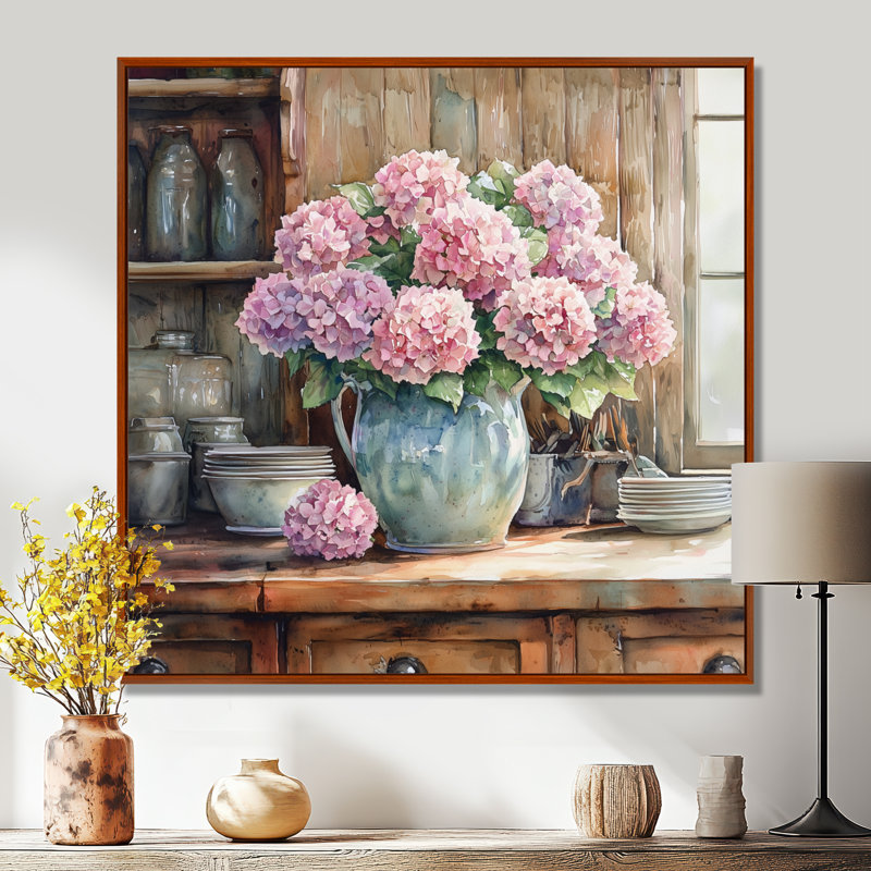 Hydrangeas In The Farm Kitchen In Pottery Vase II - Hydrangea, reproduction sur toile encadrée, H 30 po x l 30 po, Brun