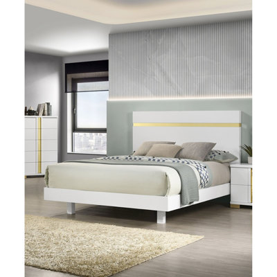 Queen Size Bed Frame, Underbed Led, Modern Contemporary Design, White/Gold Color, Engineered Wood And Metal, Acrylic Trim, Mattress Ready, Proof Cases