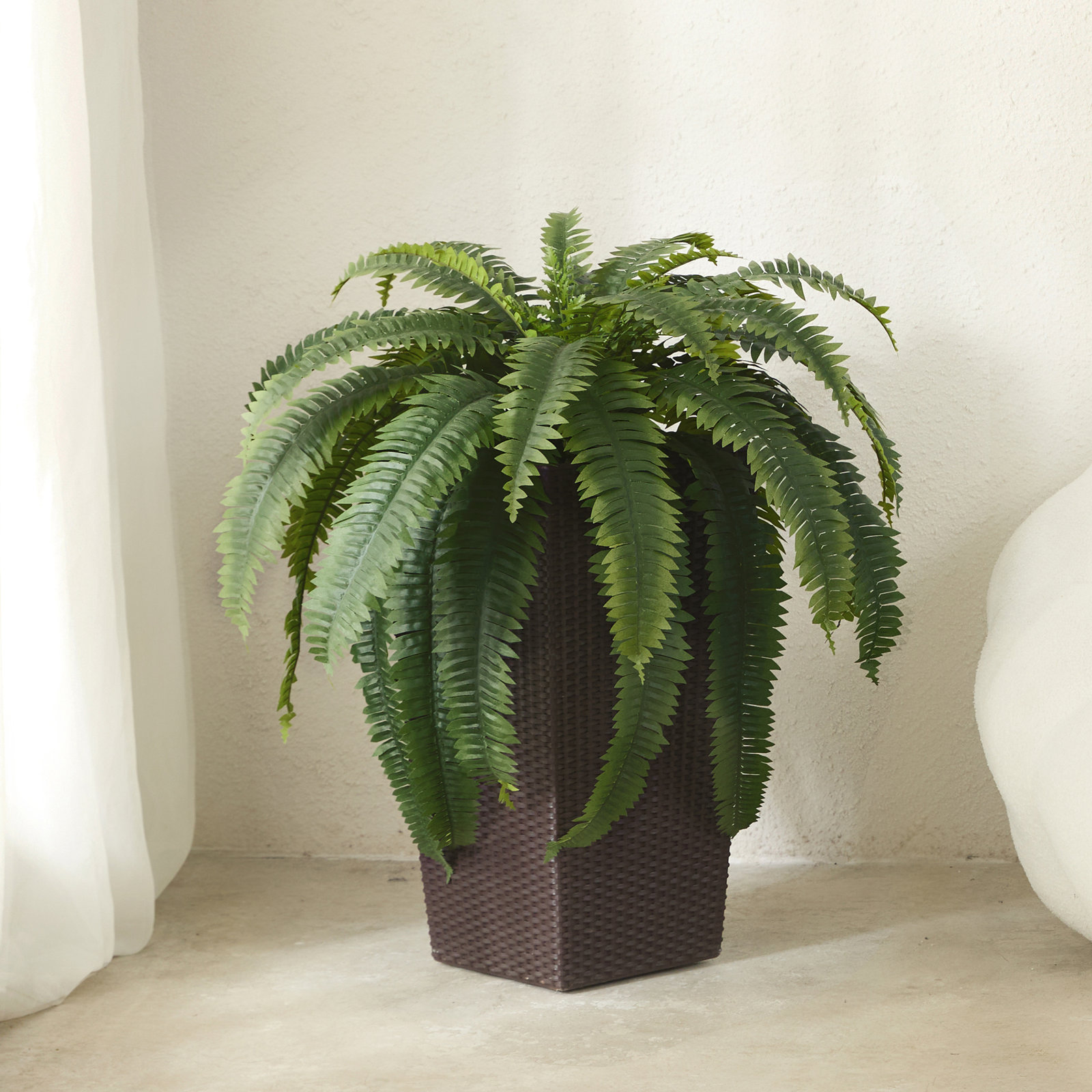 Adcock Artificial Boston Fern Bush Plant with Tapered Planter - UV Resistant Faux Ferns with 39 Leaves, 1, Brown