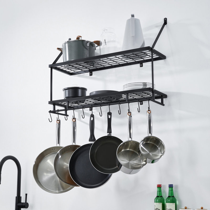 Wall Mounted Pot Rack Kitchen 30 Inch 2-Tier Wall Shelf with 12 Hooks, Black