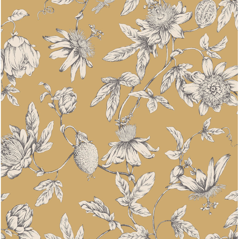 Passion Flower Toile Floral Wallpaper Roll, Harvest