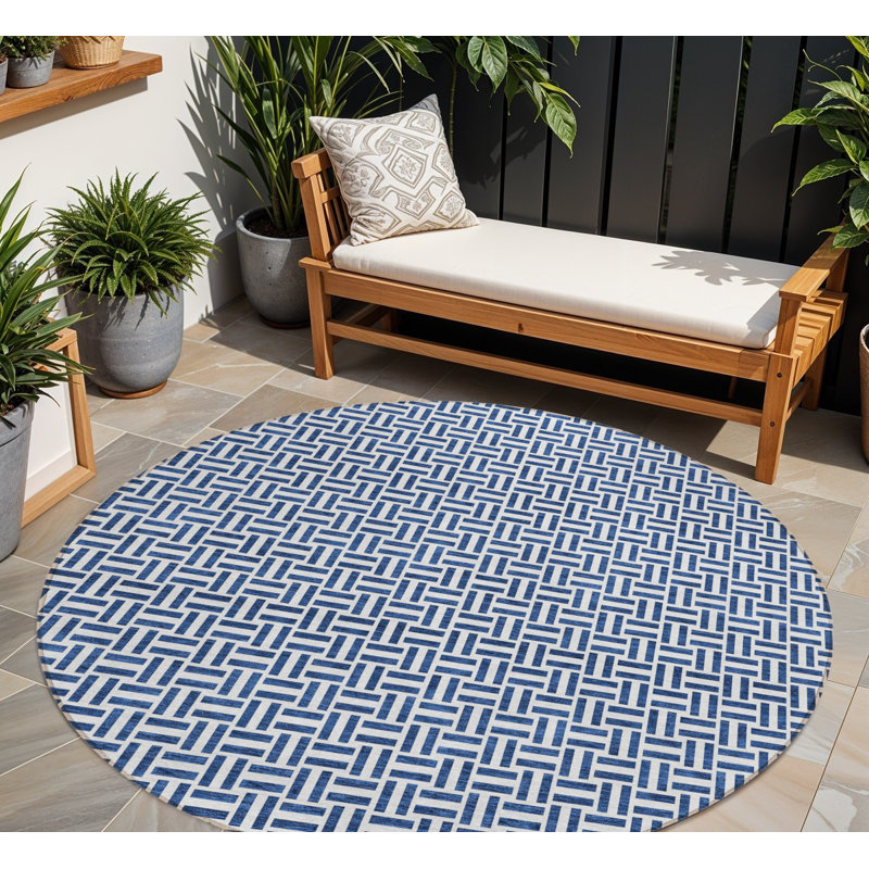 Tapis d'intérieur rond lavable géométrique 8 pi bleu marine et gris