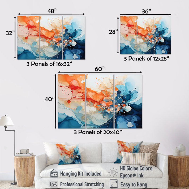 «Orange and Teal Essence Ink», ensemble d'art mural sur toile à l'encre liquide, H 28 po x l 36 po x P 1 po, Toile tendue
