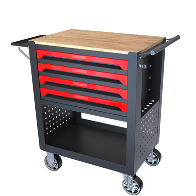 Heavy Duty 4 Drawers Tool Cart With Wheels And Wooden Top - Adjustable Shelf, Spacious Garage Storage Solution Trolley Prodigious Workshop Option