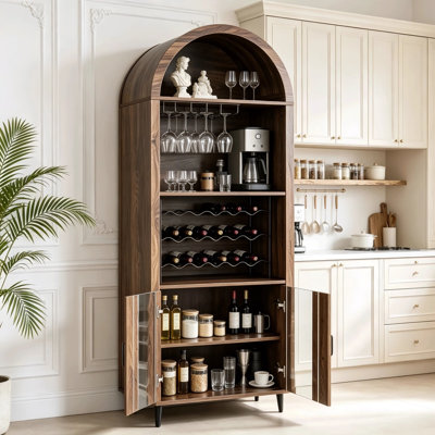 Meuble bar à vin voûté de style ferme en chêne brun de 180 cm (71 po) – Vitrine haute avec casier à bouteilles et porte-verres
