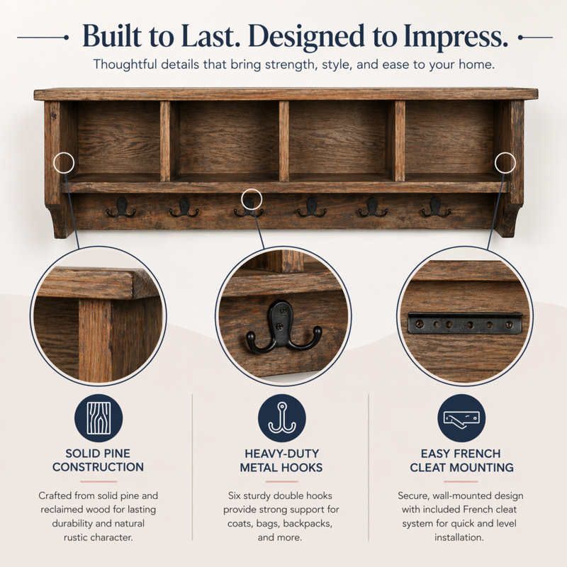 Pomona 48” Wall-Mounted Coat Rack with Hooks & Storage Cubbies, Rustic Natural, Rustic Natural