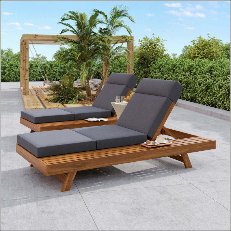 Ensemble de chaise longue avec appui-tête, espace disponible sur un côté, bois d'acacia avec coussins de salon résistants à l'eau (3 fois et 4 pouces)