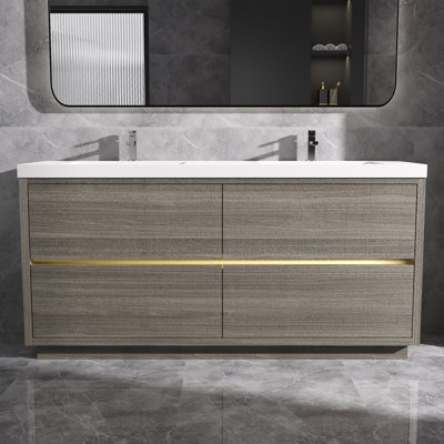 Freestanding Bath Vanity with Double Solid Surface Sink Top in White for Bathroom