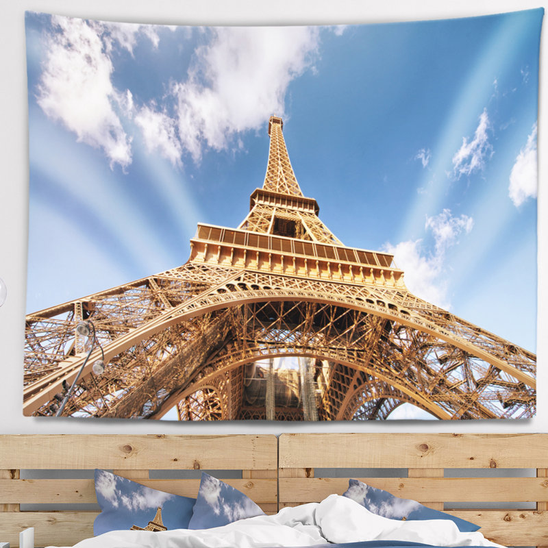 Tapisserie bleu ciel avec accessoires suspendus en polyester cityscape belle vue de la tour eiffel, H 68 po x l 80 po