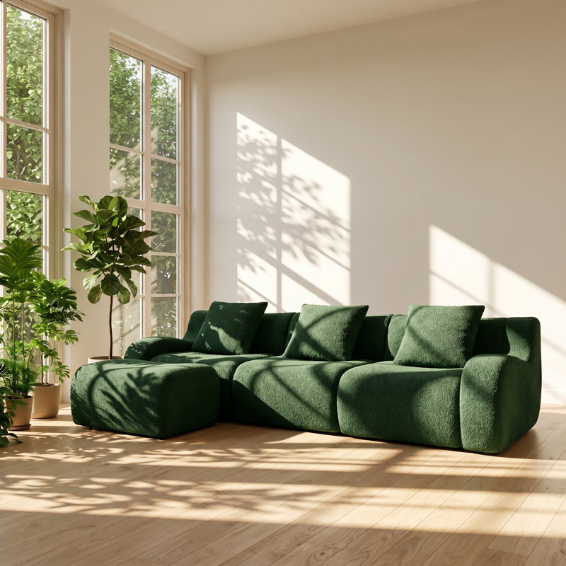 Evergreen 148" W x 65.7" D x 27.9" H 4-Seat Teddy Fabric L-Shaped Sectional Sofa, 27.9" H x 148" W x 65.7" D, Green Teddy
