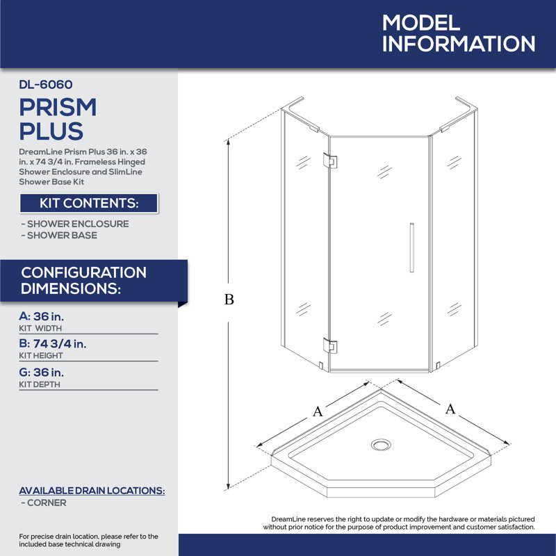 Prism Plus 36" x 74.75" Rectangle Hinged Shower Enclosure with Base Included, Matte Black/White