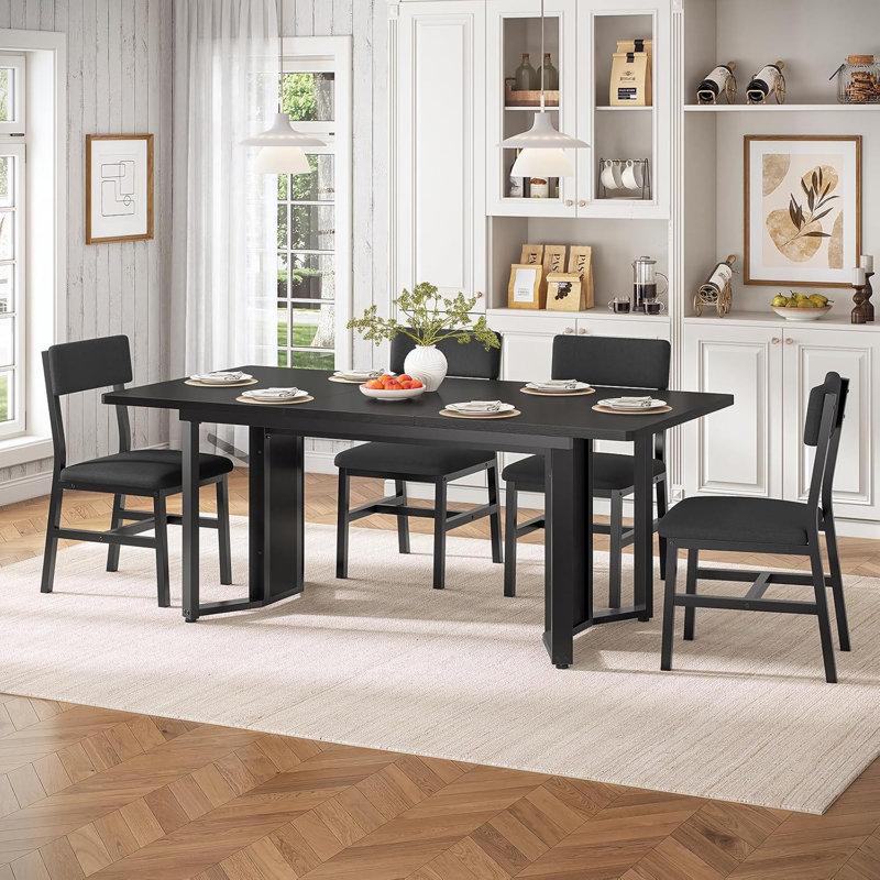 5-Piece Dining Table Set For 4-6 People, 63" Extendable Kitchen Table And 4 Cushion Chairs, Dining Room Table With Mdf Board & Metal Frame 