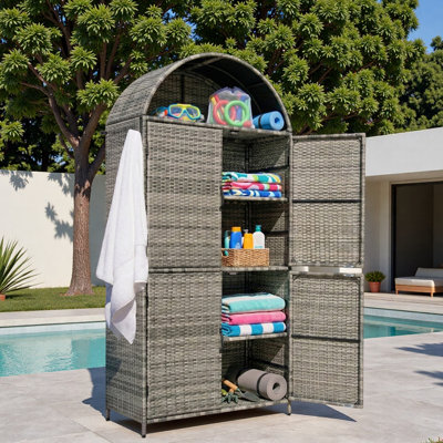 Grande armoire de rangement extérieure en osier avec tablettes réglables, tablette supérieure ouverte et pieds de support réglables en hauteur
