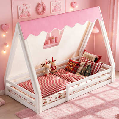 House Floor Bed, Kids House Floor Bed With Full-Length Guardrails, Tent And LED Light, Playhouse‑Style Kids Bed, Solid Wood  Floor Bed For Toddler Bedroom & Playroom