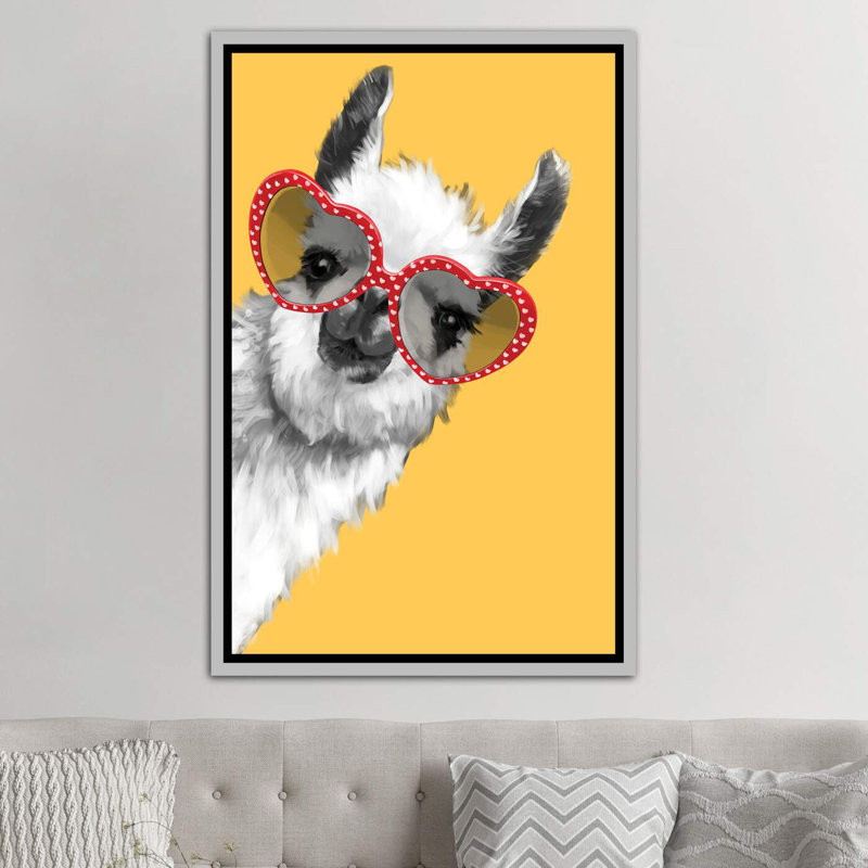 Art de llama mode avec verres à hipster, H 60 po x l 40po x P 1,5 po, Toile avec cadre noir patiné