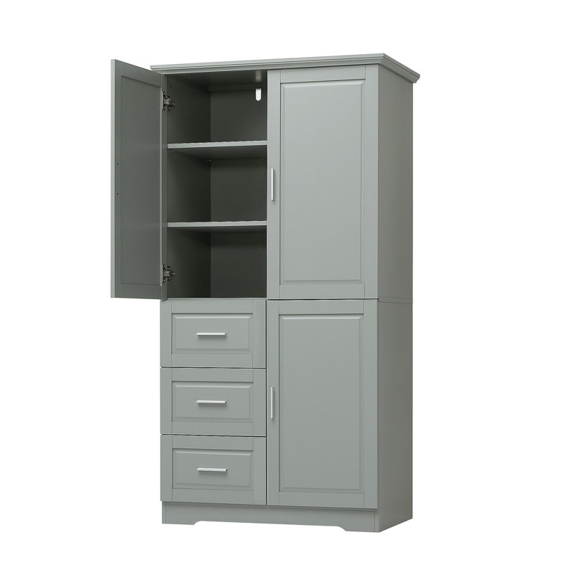 Armoire de rangement haute et large avec portes pour salle de bain / bureau, trois tiroirs, gris, Gris