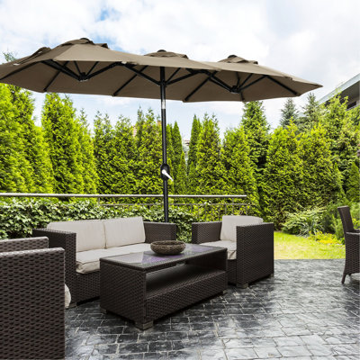 Parasol de patio double de 9,5 pi - marché extérieur scintillant avec fabrication inclinable et à manivelle, 3 bouches d'aération, 12 nervures pour la piscine de terrasse de jardin, vaste système de cube grisâtre, Perspectives