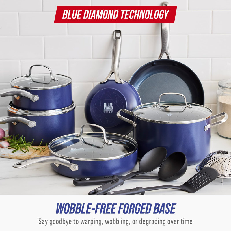 14 Piece Blue Diamond-Infused Nonstick Cookware Set with Glass Lids