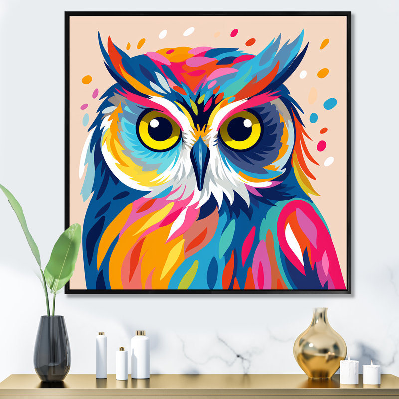 Chouette colorée Popart Watchers II - hibou, art mural animal, H 36 po x l 36 po x P 1,5 po, Cadre flottant noir