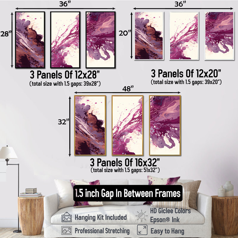 Ancien mystère in Viva Magenta V - ensemble d'art mural abstrait à l'encre liquide, H 32 po x l 48 po x P 1 po