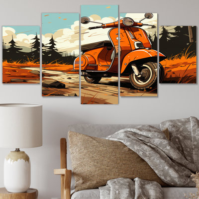 Coral Scooter In Country Retro - Transportation Canvas Print - 5 Panels
