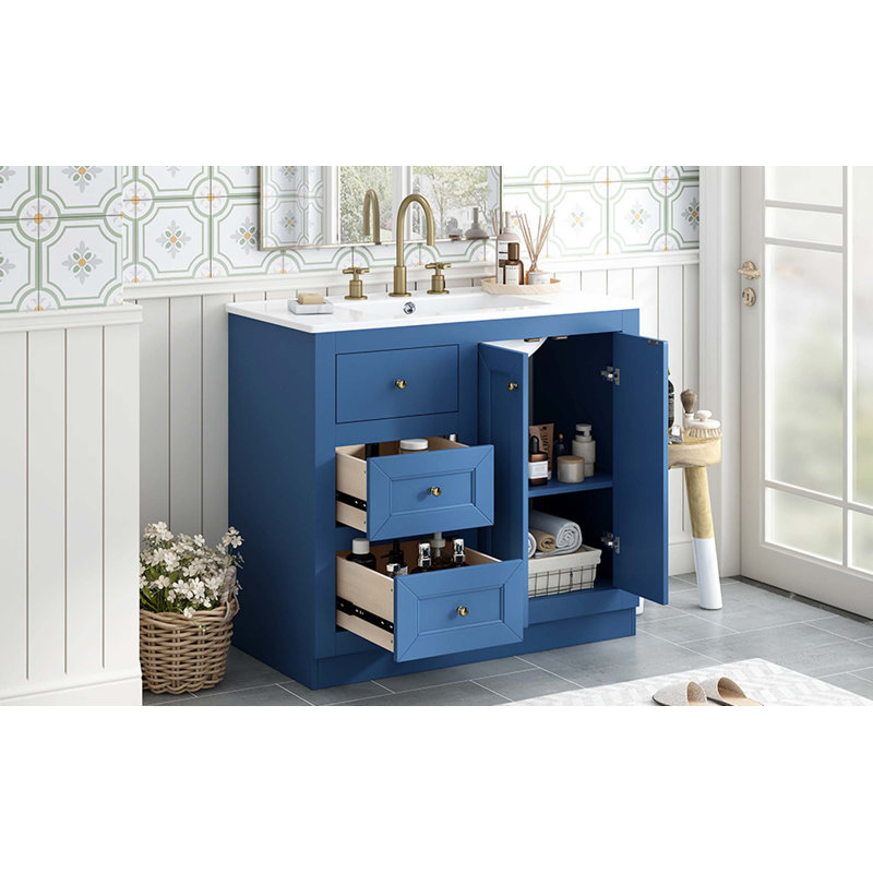 Meuble-lavabo sur pied 36 po avec lavabo en céramique, armoire de rangement avec 2 tiroirs et tablette en bois massif et panneau de fibres à densité moyenne