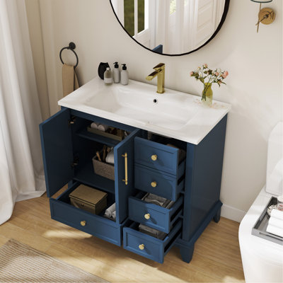 Ensemble de meuble-lavabo moderne 35,6 po avec surface peinte, meuble-lavabo autoportant Mid-Century avec rangement, meuble-lavabo haut de gamme avec tiroirs et poignées en métal