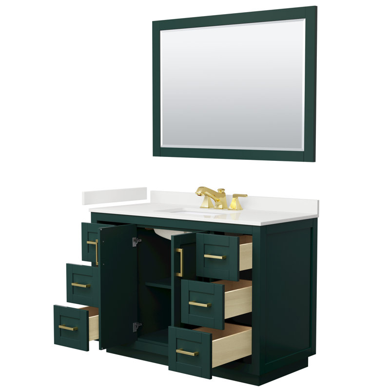 Miranda 48" Freestanding Single Bathroom Vanity with Quartz Top with 46" Mirror, White Quartz, Green, Brushed Gold