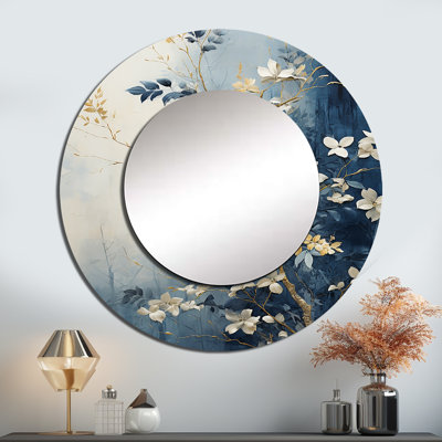 Abstrait doré et bleu botanique - miroir mural jungle, miroir décoratif rond doré, impression d'art en métal