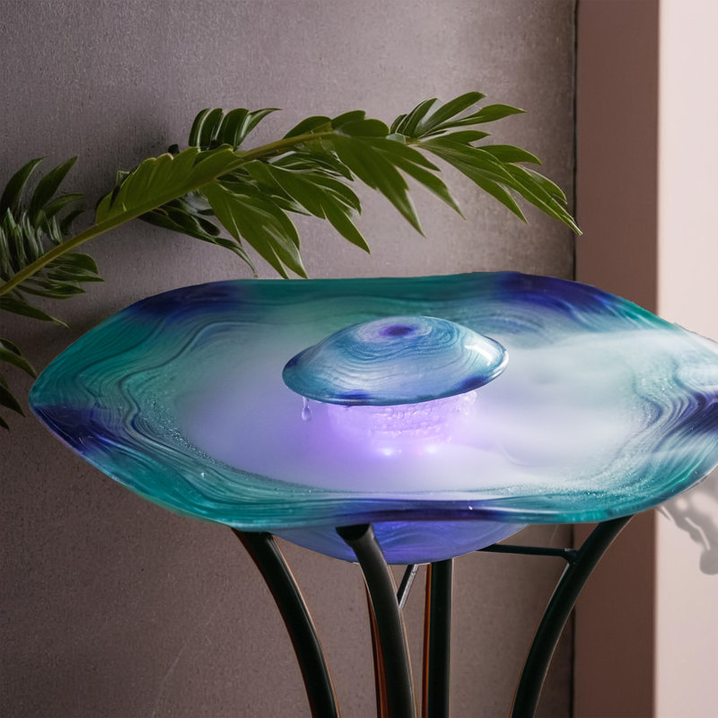 27" Tall Floor Mist Fountain with 12 Color Changing LED Lights and Inline Control - Blue Glass and Metal Design, Blue Freestanding Indoor