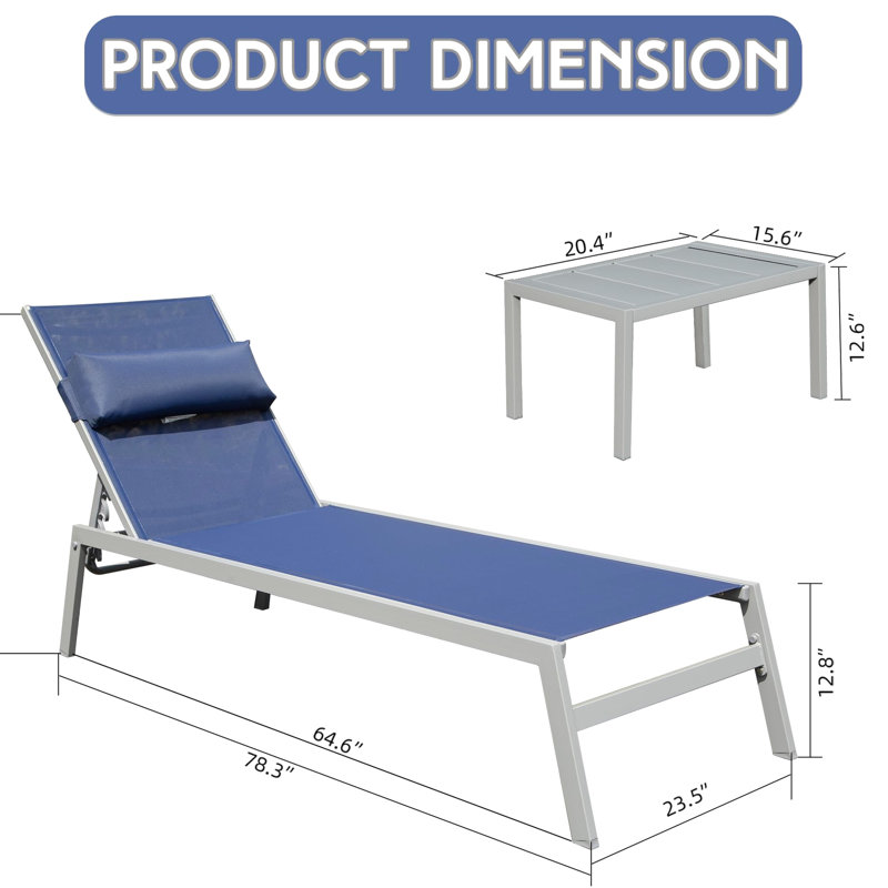 3 Outdoor Chaise Lounge : Navy Blue Aluminum Pool Reclining Chairs With Side Table. Adjustable Loungers For Poolside, Beach, Yard. Frame, Breathable Textile Balcony