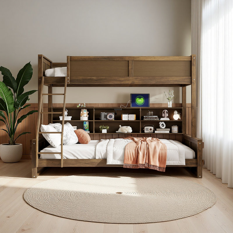 Lit superposé avec armoires de rangement et ports USB, Simple TG sur grand, Bois antique