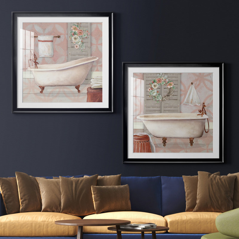 «Blush Bath I», ensemble de 2 reproductions sur toiles tendues, Blanc, H 26,5 po x l 53 po x P 1,5 po, Papier avec cadre noir