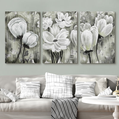 Flowers Blossom Against Abstract Background 3 - 3 Piece Wrapped Canvas Painting Set
