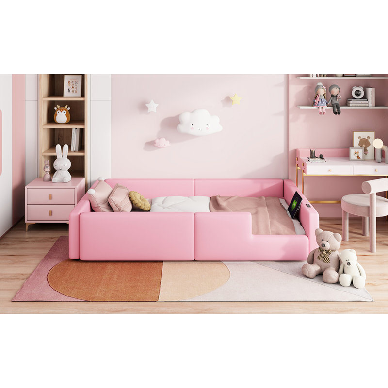 Lit plateforme tapissier rose avec station de charge et barrière de sécurité rose - s'adapte à différents styles de chambre à coucher, silhouette épurée, capacité de charge élevée