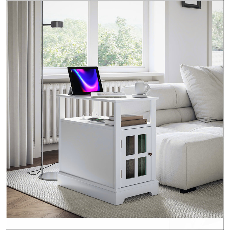 End Table with Charging Station, Narrow Side Table with USB Ports and Outlets, Small Table with Hidden Storage and Open Shelf for Living Room,