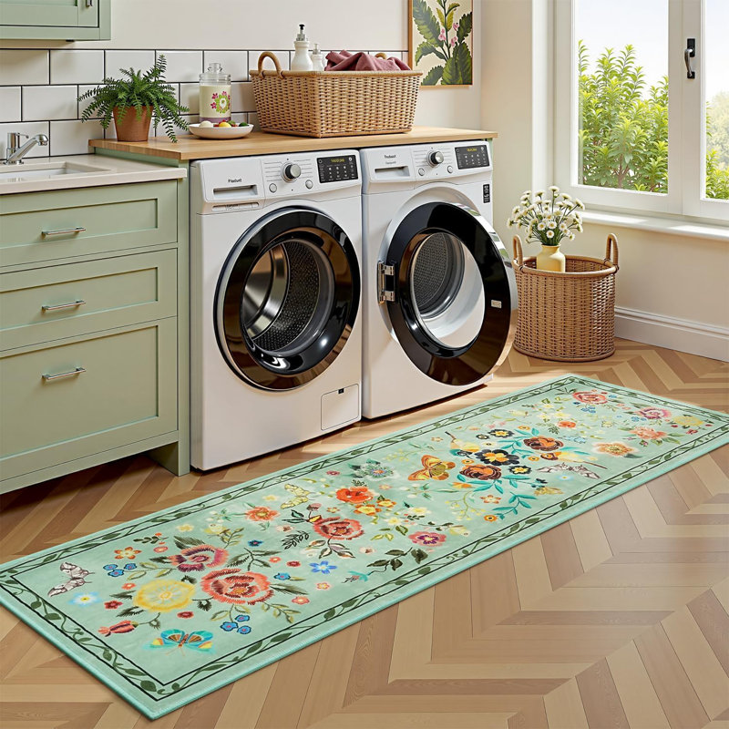 5'X7' Washable Vintage Floral Indoor Area Rug Non-Slip Low Pile Green, Beige, Rectangle 5'X7'