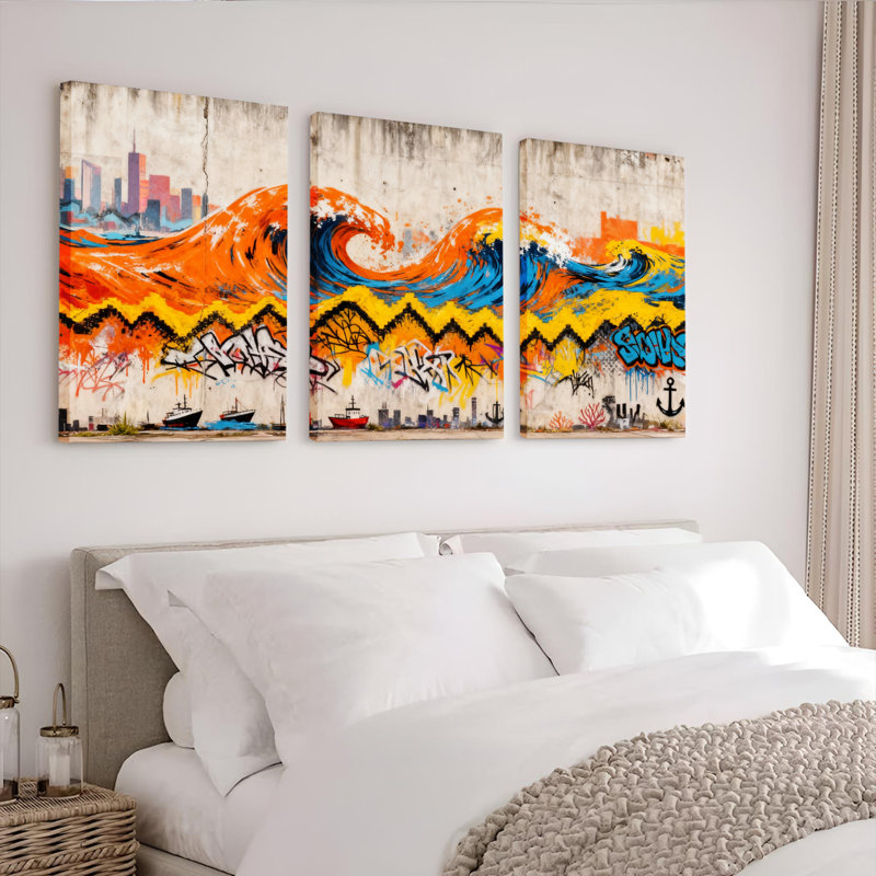 Ensemble de 3 tableaux muraux sur toile à motif de graffiti urbain représentant une vague de ville, H 18 po x l 36 po