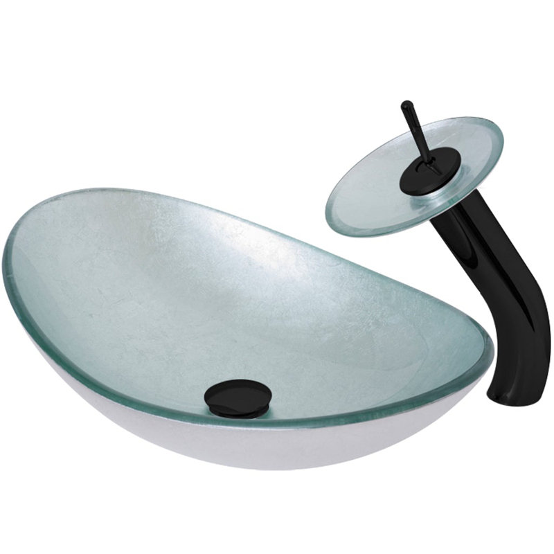 Novatto 13.5'' Glass Oval Bathroom Sink with Faucet, Silver, Matte Black